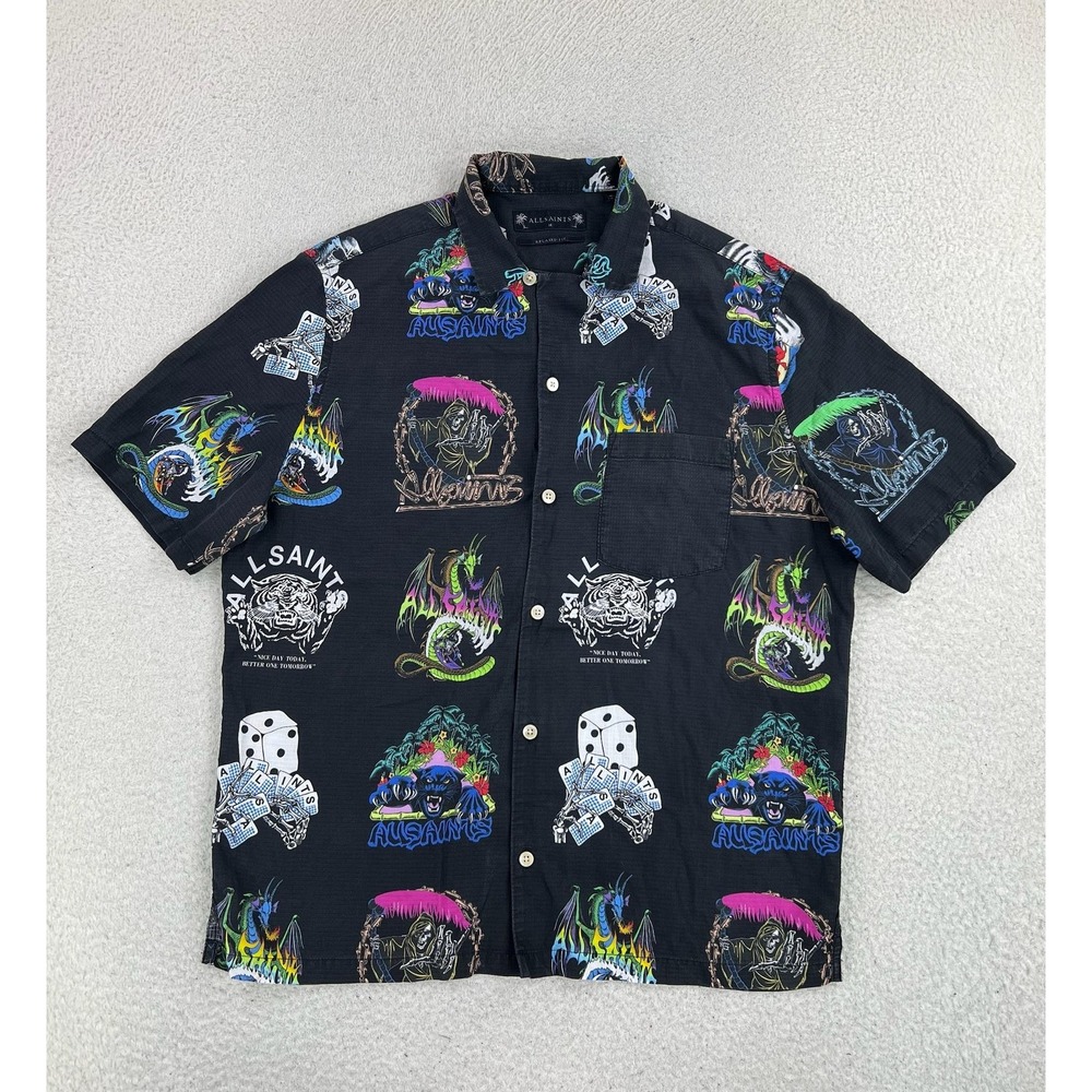 AllSaints Shirt Mens Medium Black Gnar Dragon Skull Graphic S/S Button Up